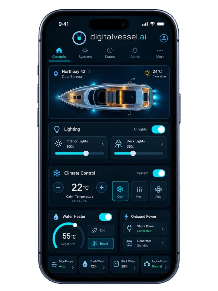 Smartphone con l’app digitalvessel.ai: comandi di luci, climatizzazione, boiler e alimentazione di bordo