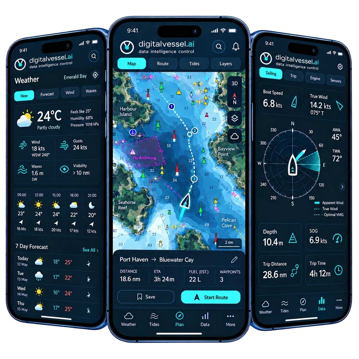 Tre smartphone con l’app digitalvessel.ai: meteo e previsioni, carta nautica con rotta pianificata, dati di navigazione a vela