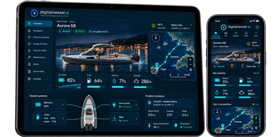Tablet e smartphone con l’app digitalvessel.ai: panoramica dell’imbarcazione ormeggiata, livelli di batteria, carburante e acqua, ore motore, sistemi di bordo, posizione e rotta