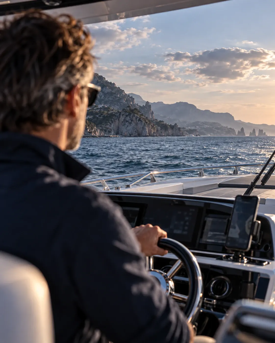 Comandante al timone di un’imbarcazione in navigazione verso la costa